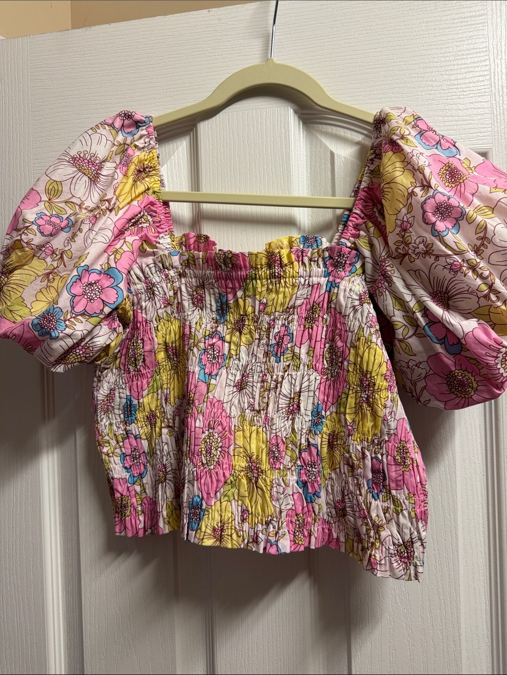 Jacqui E Pink, Yellow & Blue Floral Smocked Puff Sleeve Crop Top